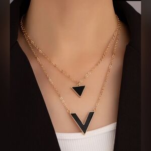 Geometric Triangle Charm 2 Layered Necklace 20" Black Gold NWT